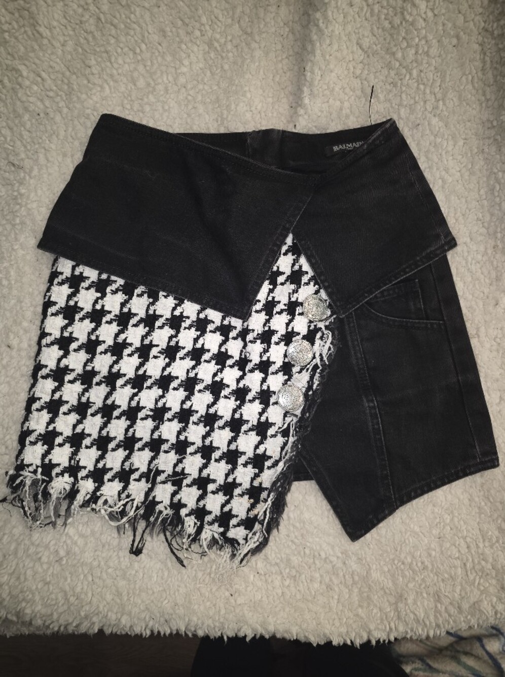 Balmain Paris Black & White Houndstooth Wrap Denim Skirt with Silver Buttons